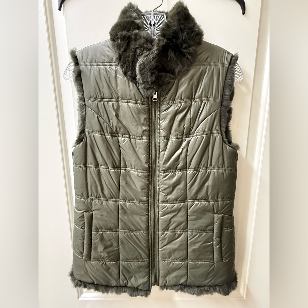 Genuine Rex Rabbit Reversible Olive Green Vest By Linda Roberts